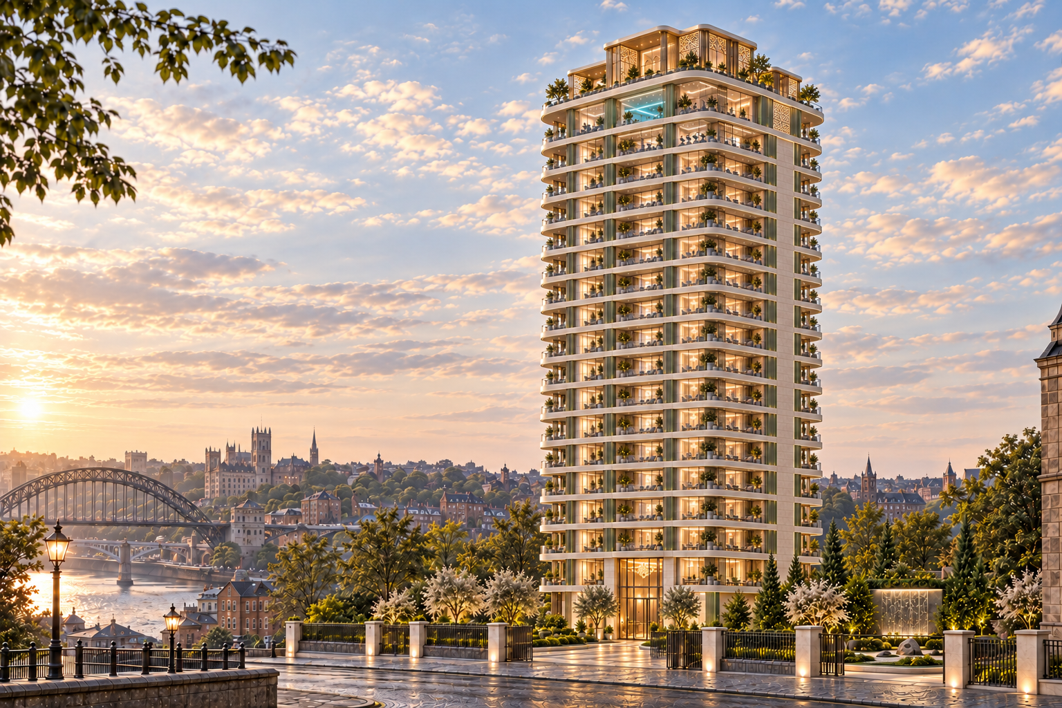 Illustrative luxury twenty-storey residential concept in cream, beige and sage green